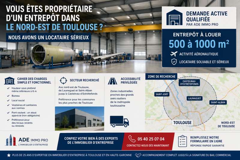 Recherchez un entrepôt à la location de 500 à 1000 m² pour une activité aéronautique dans le secteur nord-est de Toulouse à Castelnau-d'Estrétefonds