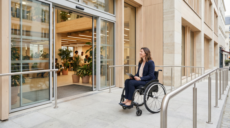 Femme en fauteuil roulant accédant à un local professionnel conforme aux normes PMR à Toulouse