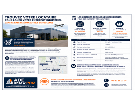 Trouvez votre locataire pour louer votre entrepôt à Colomiers, Blagnac ou Cornebarrieu — une entreprise aéronautique recherche 500 à 2 000 m²